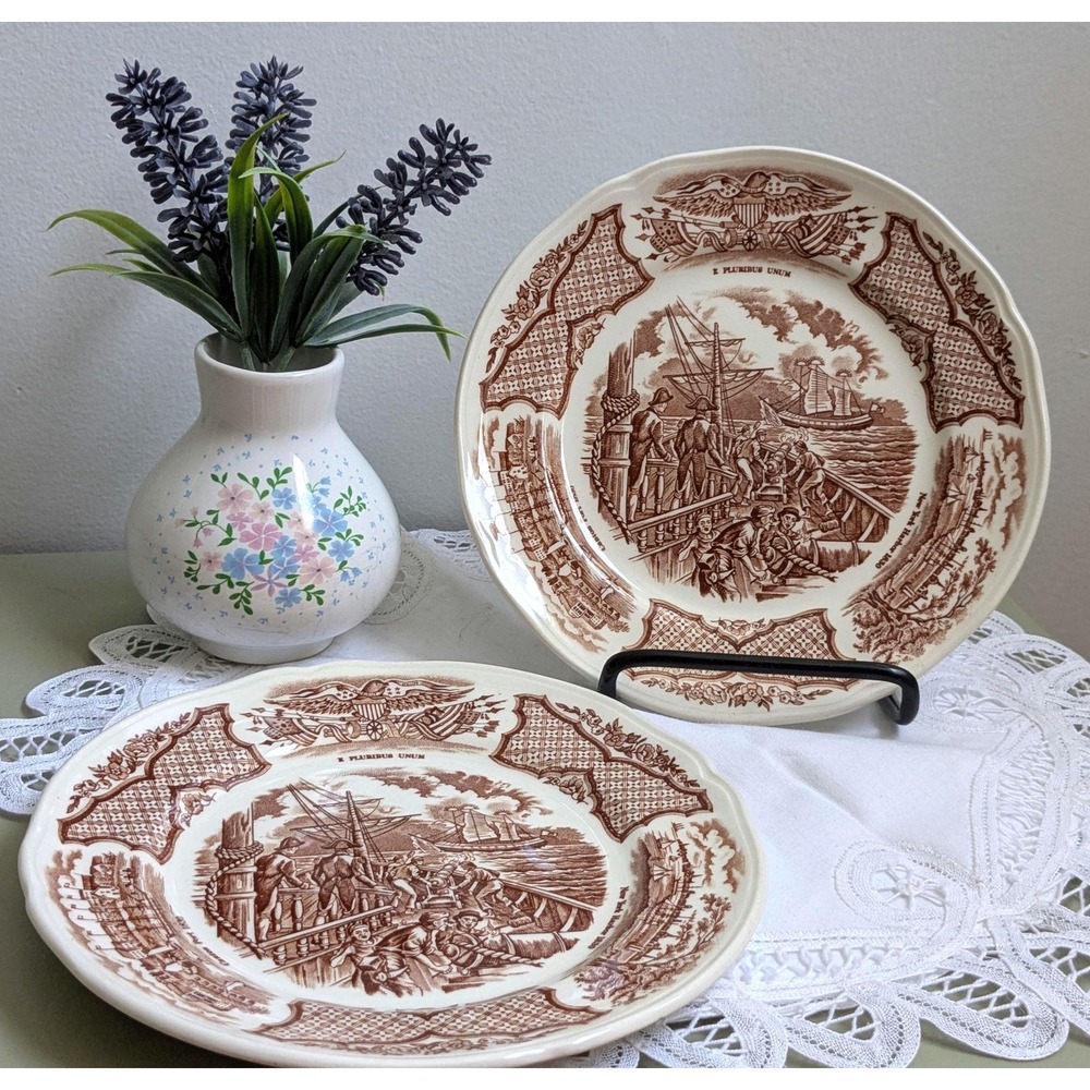 Set of‎ 2 Alfred Meakin Fair Winds Dinner Plates, Brown Transferware